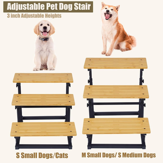 Adjustable Bamboo Steps for Sofa, Chair, Car SUV, 3-Tier Pet Stairs for High Bed & Couch, Deformable Height Steps - Loaded Up to 60Lbs for Small Medium Dog & Cat