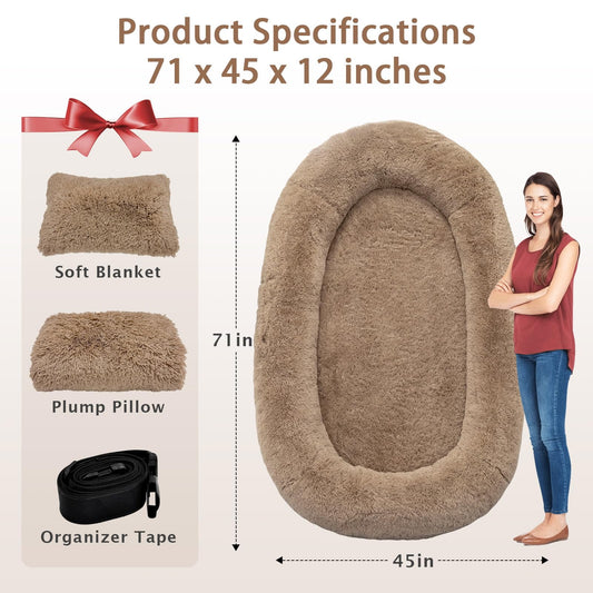71"L x 45"W x 12"Th Oversize Khaki Human Dog Bed Memory Foam Bed with Plump Pillow and Blanket